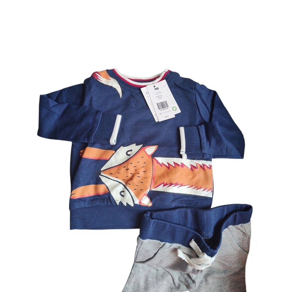 NWT Earth by Art & Eden 2Pc Set NB Navy Fox Orange 100% Organic Cotton $28 6-9lb